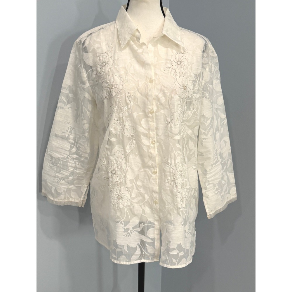 Vintage JH Collectibles XL Floral Burnout Embroidered Beaded Shirt Cottagecore